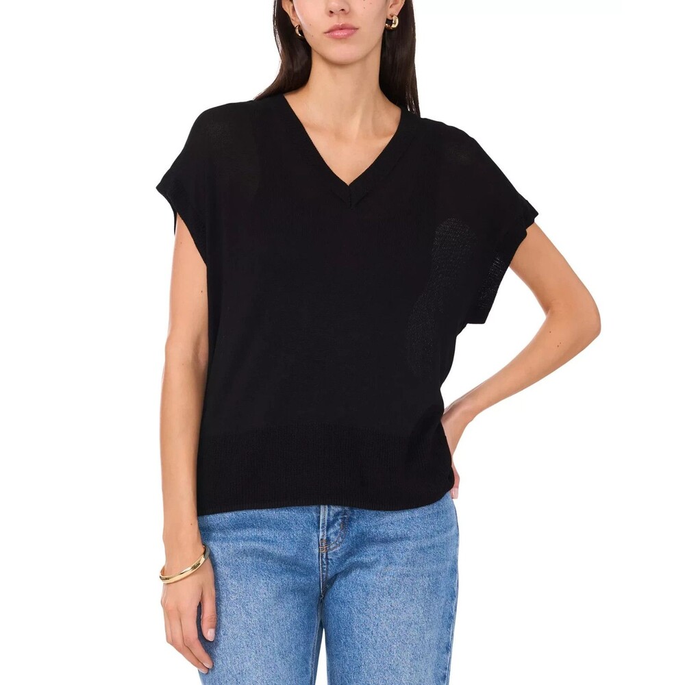 Vince Camuto Women's V-Neck Short-Sleeve Sweater - Rich Black-Size Large